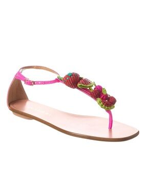Women's Pink Raffia T-Strap Sandals